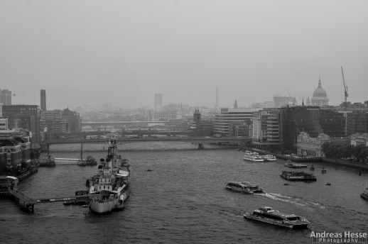 Looking east on Tower Bridge. On the left: Imperial War Museum's ship H.M.S. Belfast